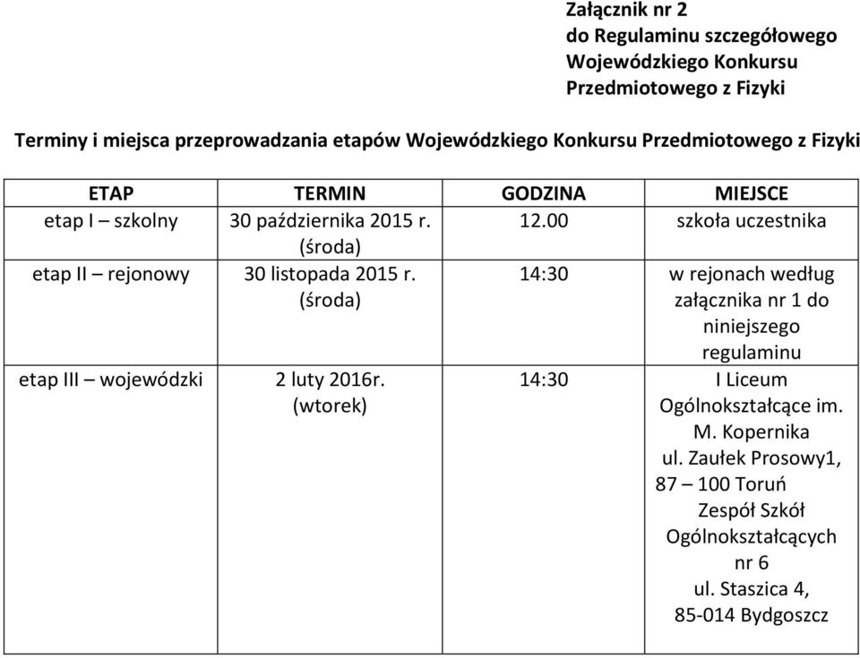 00 szkoła uczestnika (środa) etap II rejonowy 30 listopada 2015 r.