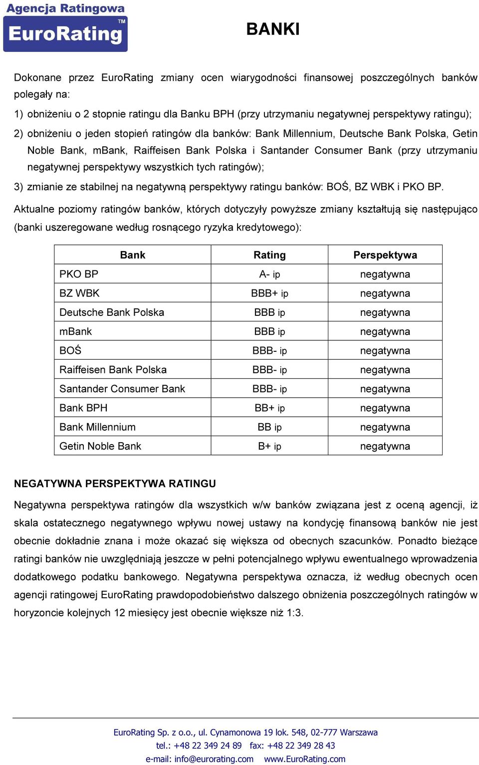 wszystkich tych ratingów); 3) zmianie ze stabilnej na negatywną perspektywy ratingu banków: BOŚ, BZ WBK i PKO BP.