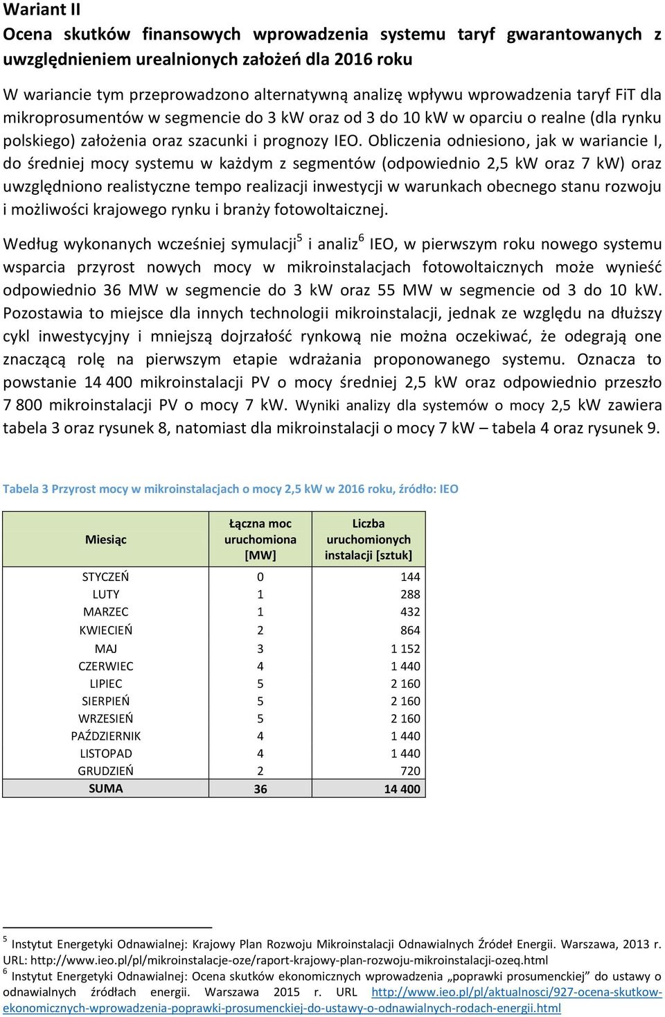 Obliczenia odniesiono, jak w wariancie I, do średniej mocy systemu w każdym z segmentów (odpowiednio 2,5 kw oraz 7 kw) oraz uwzględniono realistyczne tempo realizacji inwestycji w warunkach obecnego