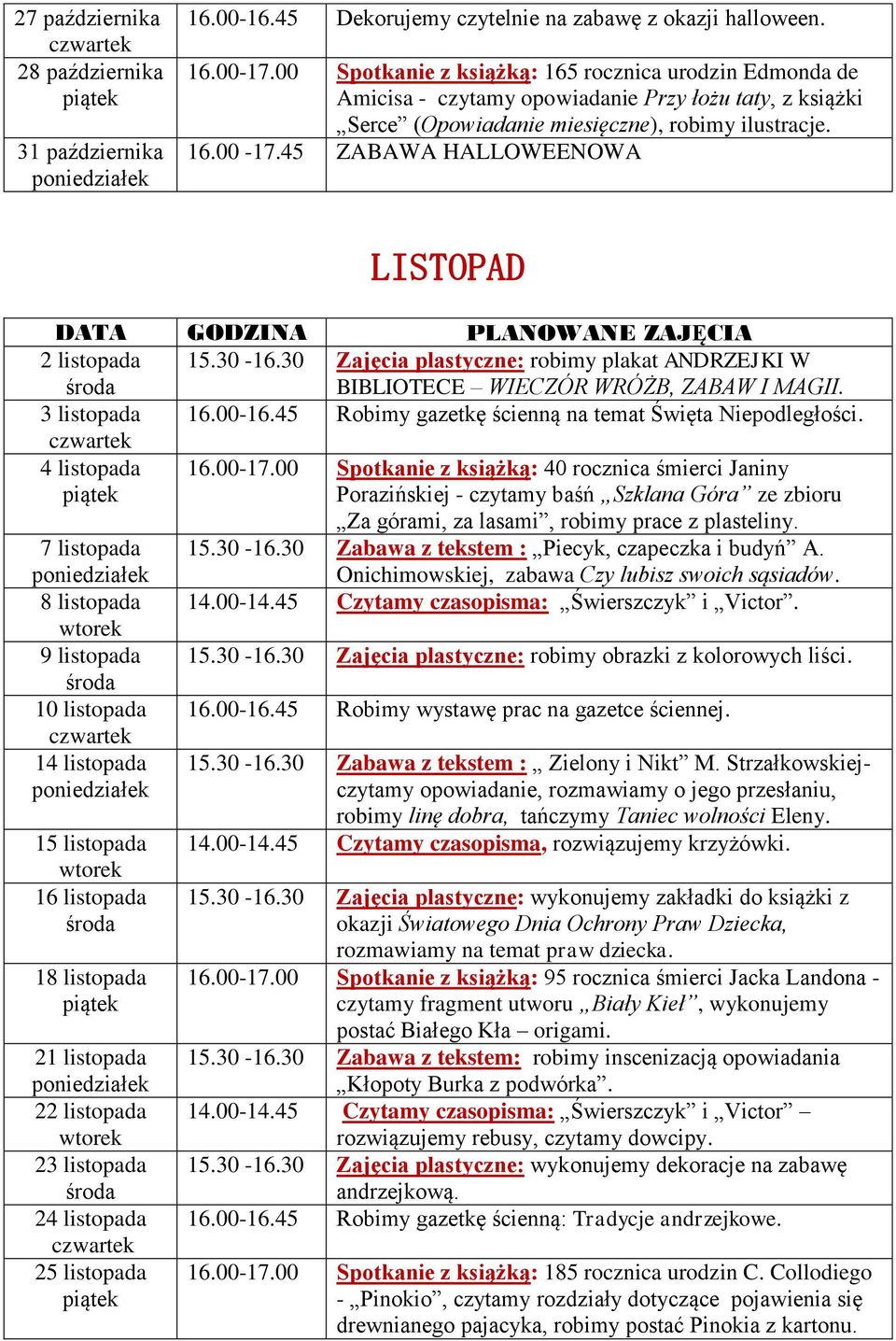 45 ZABAWA HALLOWEENOWA LISTOPAD 2 listopada 15.30-16.30 Zajęcia plastyczne: robimy plakat ANDRZEJKI W BIBLIOTECE WIECZÓR WRÓŻB, ZABAW I MAGII. 3 listopada 16.00-16.