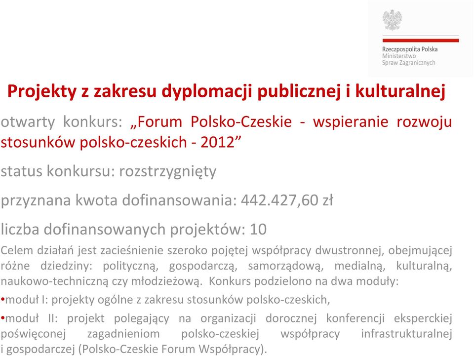 427,60 zł liczba dofinansowanych projektów: 10 Celem działań jest zacieśnienie szeroko pojętej współpracy dwustronnej, obejmującej różne dziedziny: polityczną, gospodarczą, samorządową,