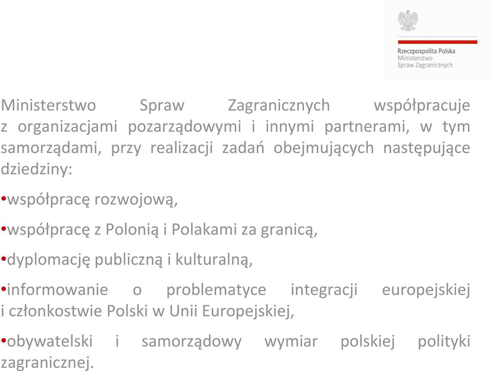 Polonią i Polakami za granicą, dyplomację publiczną i kulturalną, informowanie o problematyce integracji