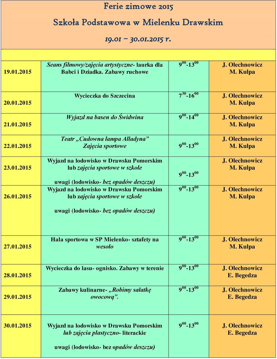 2015 26.01.2015 Wyjazd na lodowisko w Drawsku Pomorskim lub zajęcia sportowe w szkole uwagi (lodowisko- bez opadów deszczu) Wyjazd na lodowisko w Drawsku Pomorskim lub zajęcia sportowe w szkole uwagi