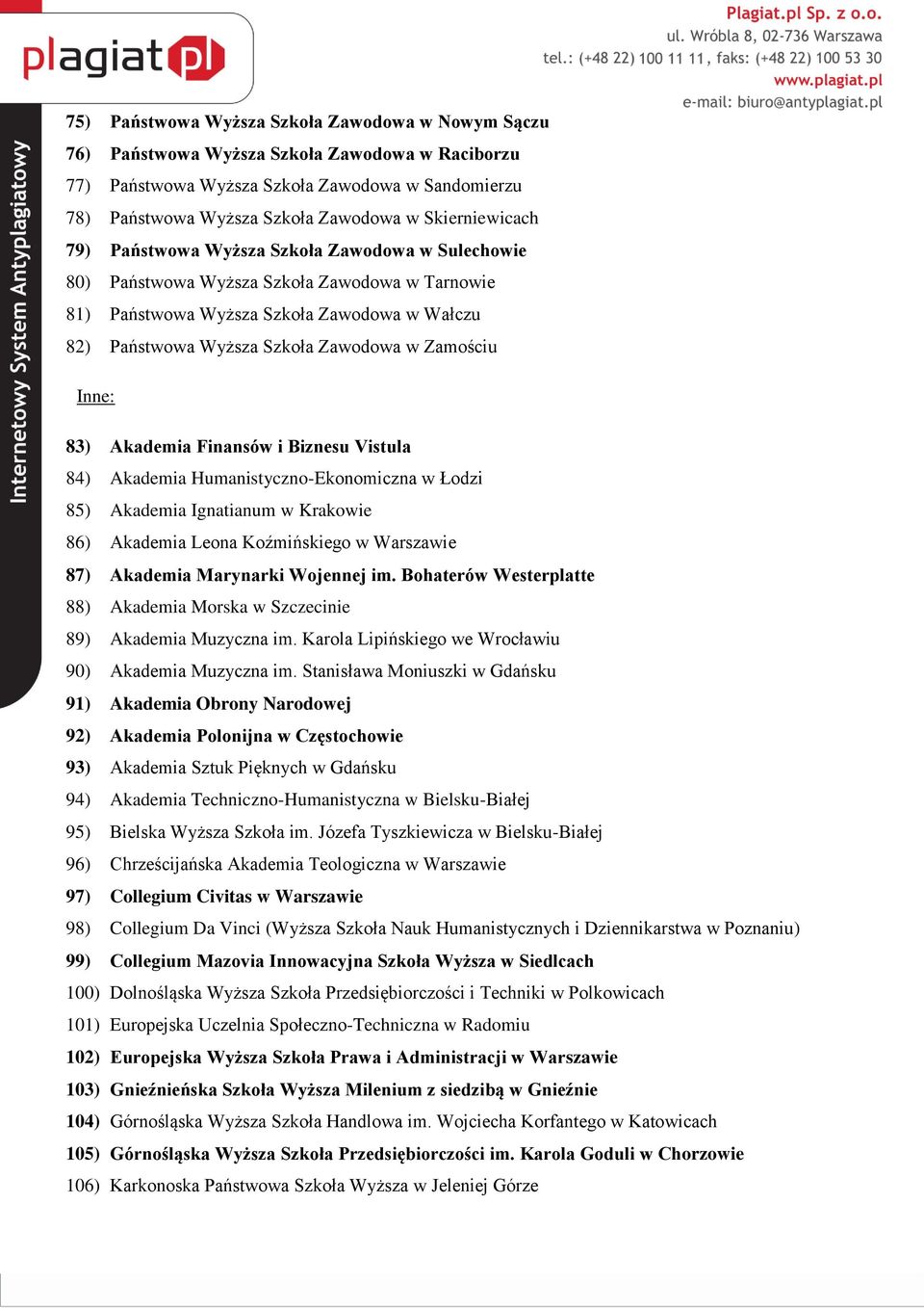 Zamościu Inne: 83) Akademia Finansów i Biznesu Vistula 84) Akademia Humanistyczno-Ekonomiczna w Łodzi 85) Akademia Ignatianum w Krakowie 86) Akademia Leona Koźmińskiego w Warszawie 87) Akademia