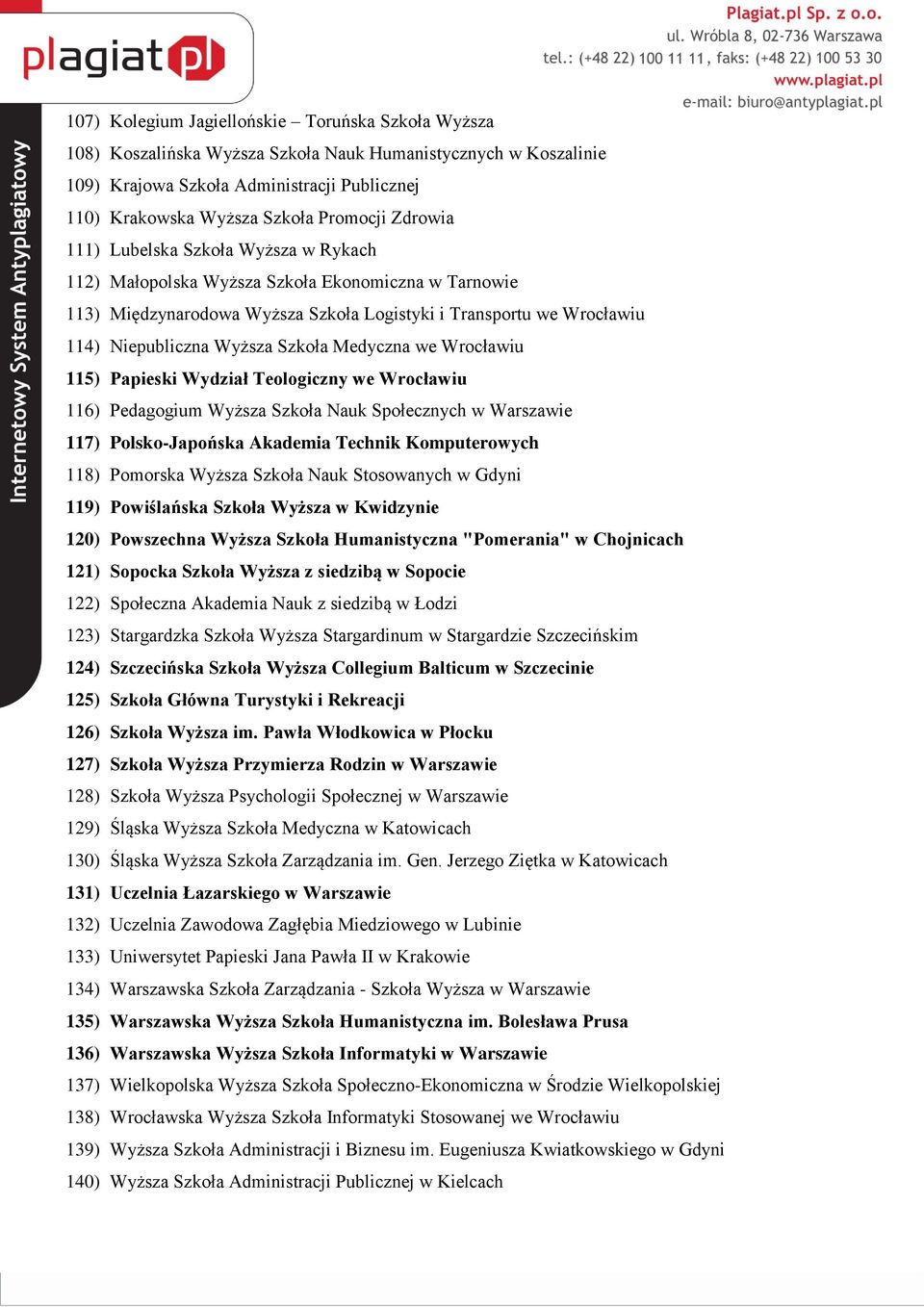 Medyczna we Wrocławiu 115) Papieski Wydział Teologiczny we Wrocławiu 116) Pedagogium Wyższa Szkoła Nauk Społecznych w Warszawie 117) Polsko-Japońska Akademia Technik Komputerowych 118) Pomorska