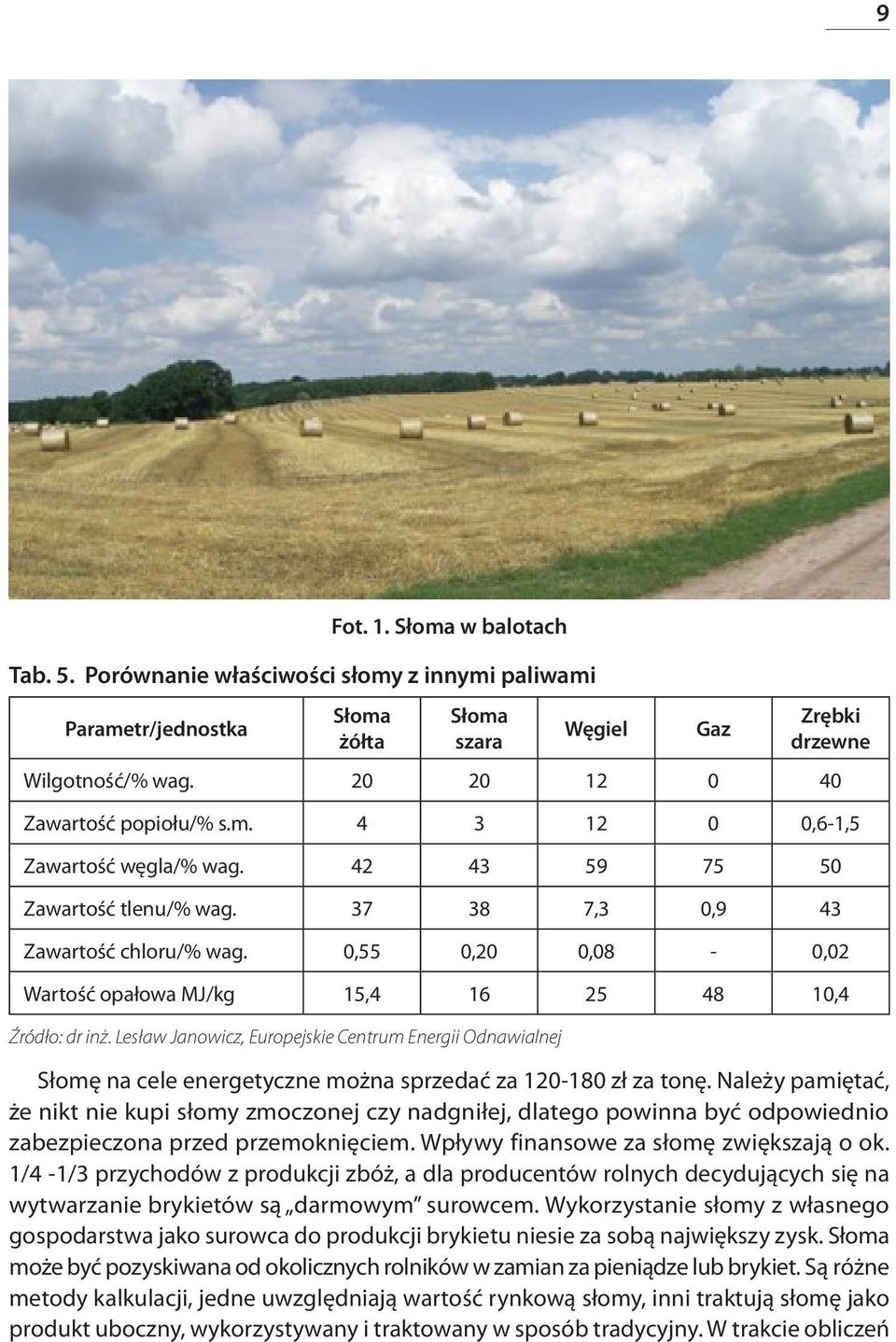 0,55 0,20 0,08-0,02 Wartość opałowa MJ/kg 15,4 16 25 48 10,4 Źródło: dr inż. Lesław Janowicz, Europejskie Centrum Energii Odnawialnej Słomę na cele energetyczne można sprzedać za 120-180 zł za tonę.