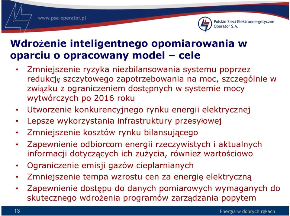 przesyłowej Zmniejszenie kosztów rynku bilansującego Zapewnienie odbiorcom energii rzeczywistych i aktualnych informacji dotyczących ich zużycia, również wartościowo Ograniczenie