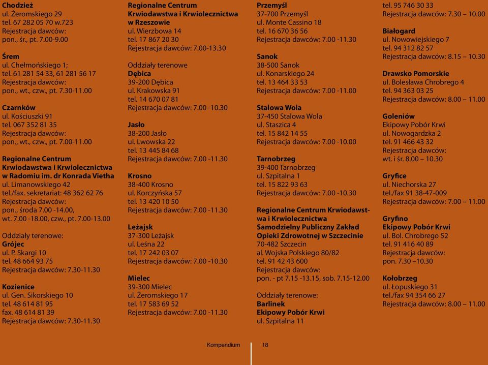 00-14.00, wt. 7.00-18.00, czw., pt. 7.00-13.00 Grójec ul. P. Skargi 10 tel. 48 664 93 75 7.30-11.30 Kozienice ul. Gen. Sikorskiego 10 tel. 48 614 81 95 fax. 48 614 81 39 7.30-11.30 Regionalne Centrum Krwiodawstwa i Krwiolecznictwa w Rzeszowie ul.