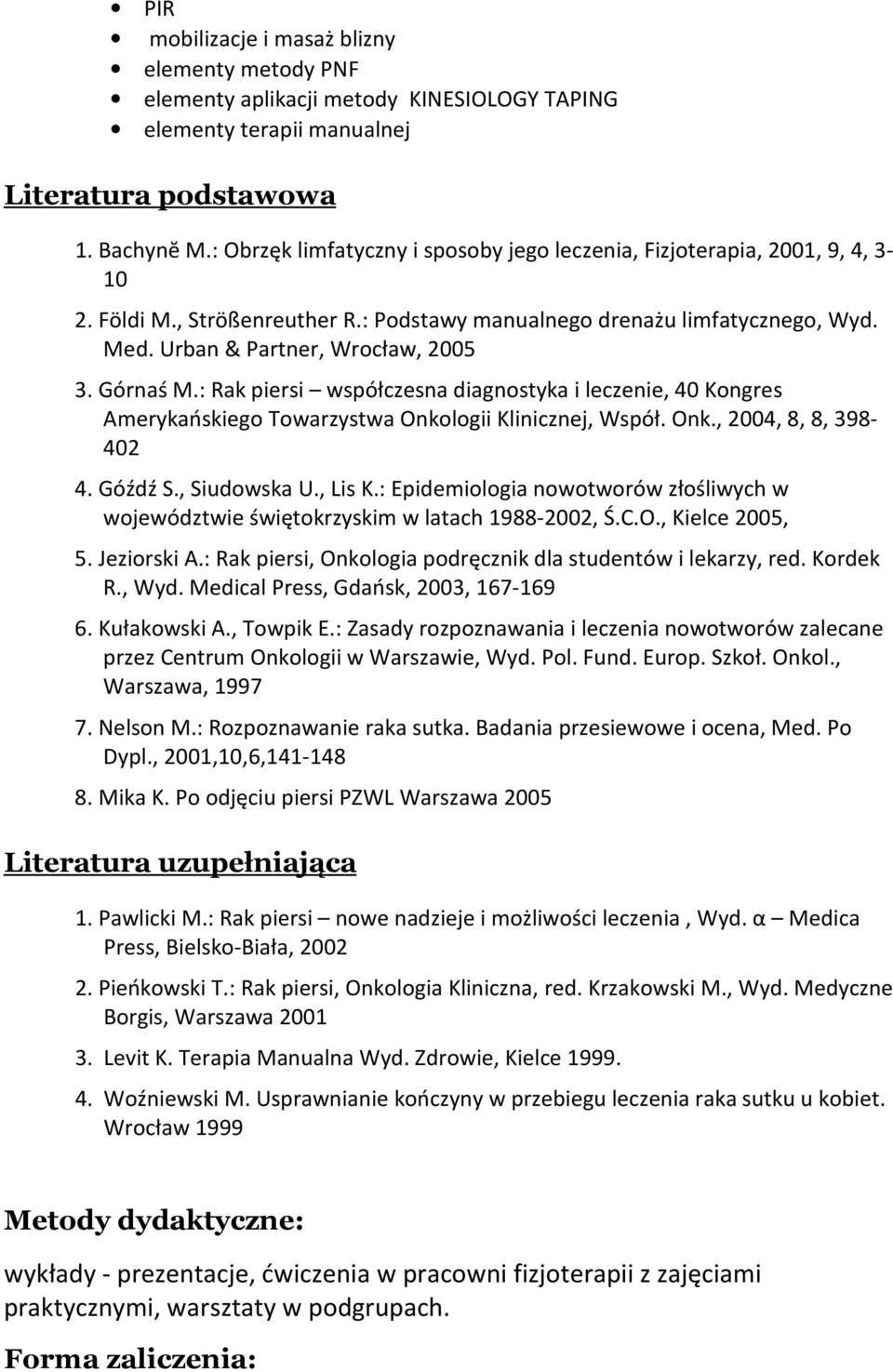 Górnaś M.: Rak piersi współczesna diagnostyka i leczenie, 40 Kongres Amerykańskiego Towarzystwa Onkologii Klinicznej, Współ. Onk., 2004, 8, 8, 398-402 4. Góźdź S., Siudowska U., Lis K.