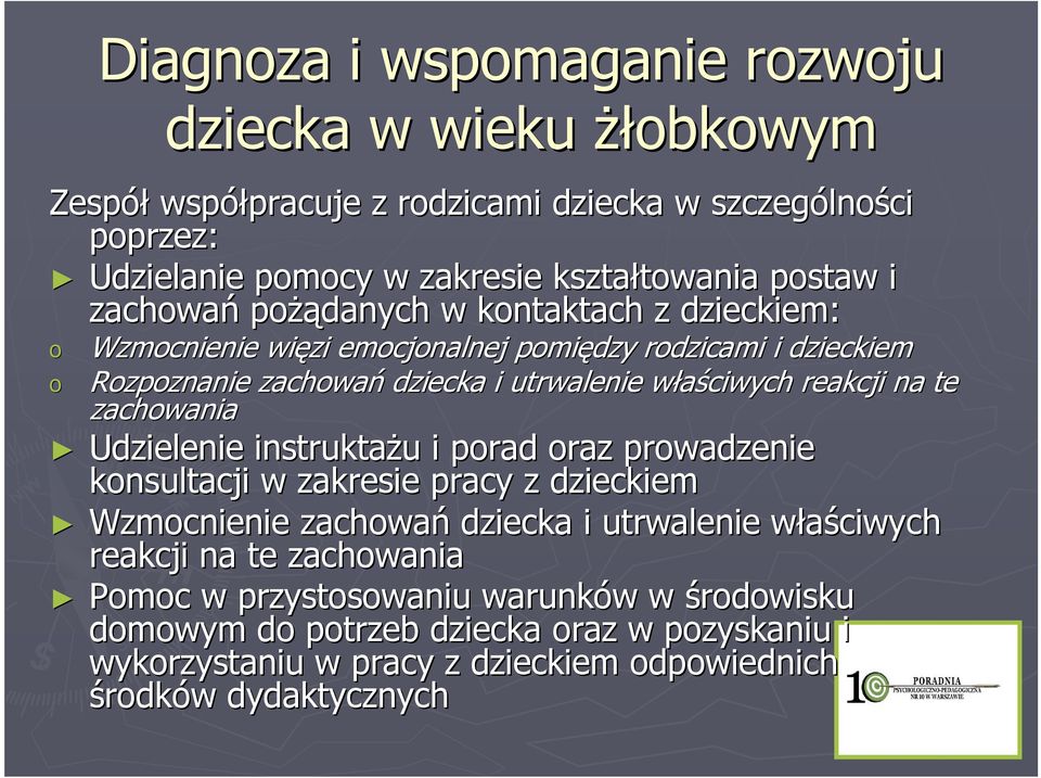 właściwych w reakcji na te zachowania Udzielenie instruktaŝu u i porad oraz prowadzenie konsultacji w zakresie pracy z dzieckiem Wzmocnienie zachowań dziecka i utrwalenie