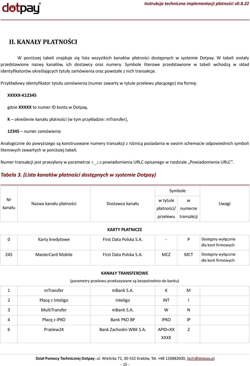 Przykładowy identyfikator tytułu zamówienia (numer zawarty w tytule przelewu płacącego) ma formę: XXXXX-K12345 gdzie XXXXX to numer ID konta w Dotpay, K określenie kanału płatności (w tym