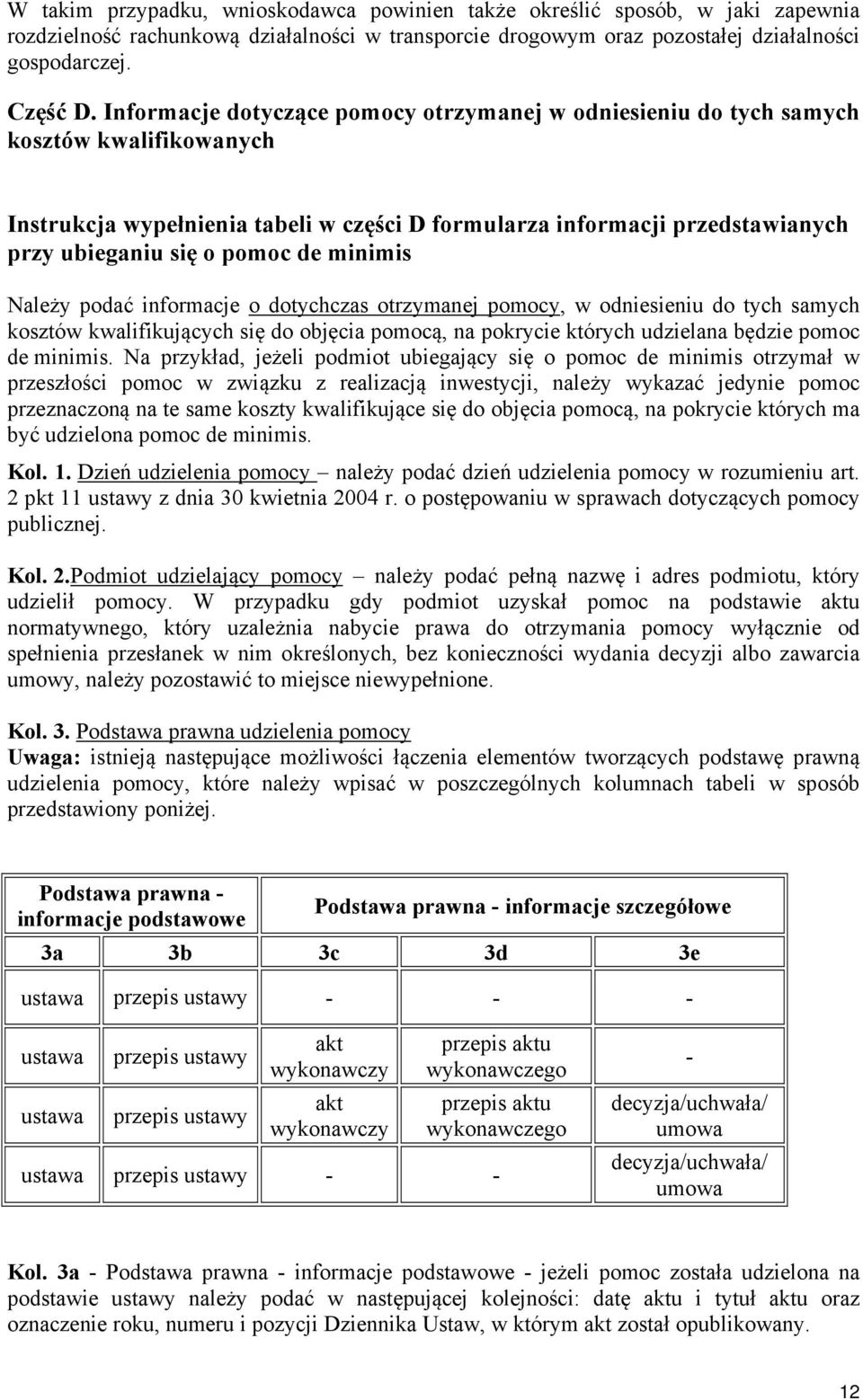 minimis Należy podać informacje o dotychczas otrzymanej pomocy, w odsieniu do tych samych kosztów kwalifikujących się do objęcia pomocą, na pokrycie których udzielana będzie pomoc de minimis.
