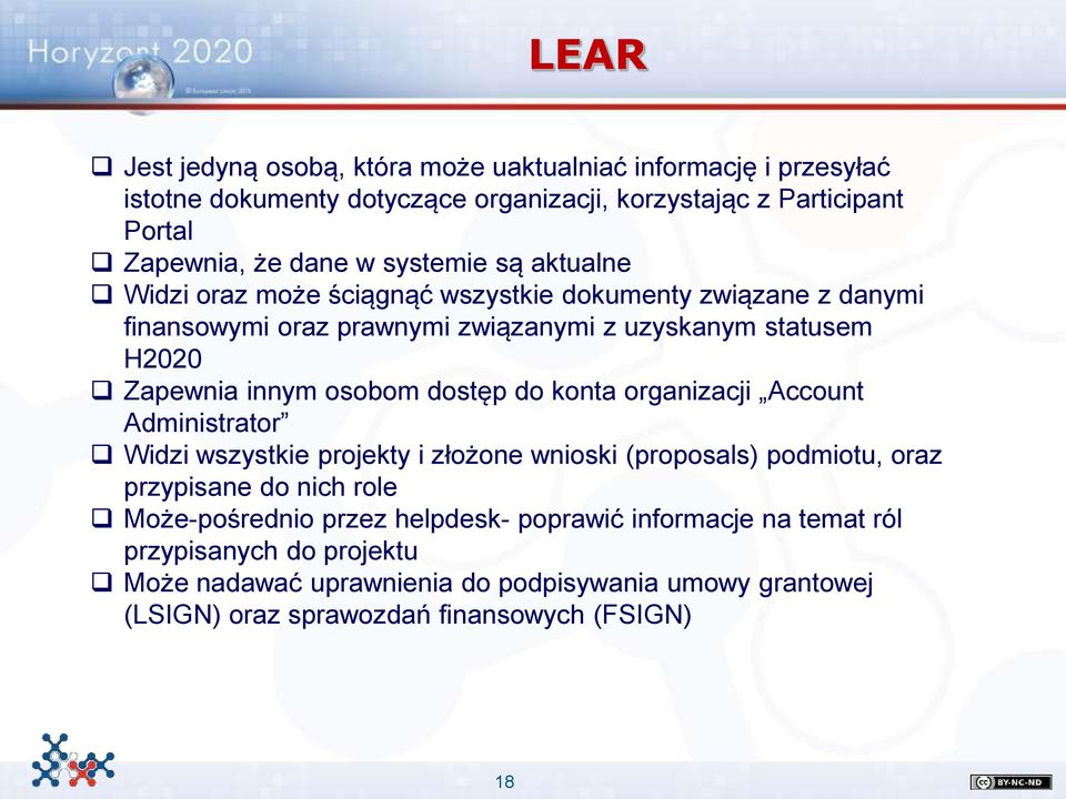 osobom dostęp do konta organizacji Account Administrator Widzi wszystkie projekty i złożone wnioski (proposals) podmiotu, oraz przypisane do nich role Może-pośrednio