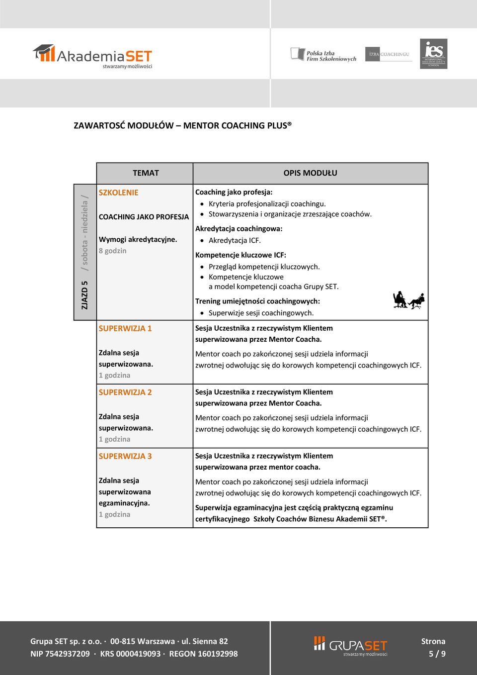 Kompetencje kluczowe ICF: Przegląd kompetencji kluczowych. Kompetencje kluczowe a model kompetencji coacha Grupy SET. Trening umiejętności coachingowych: Superwizje sesji coachingowych.