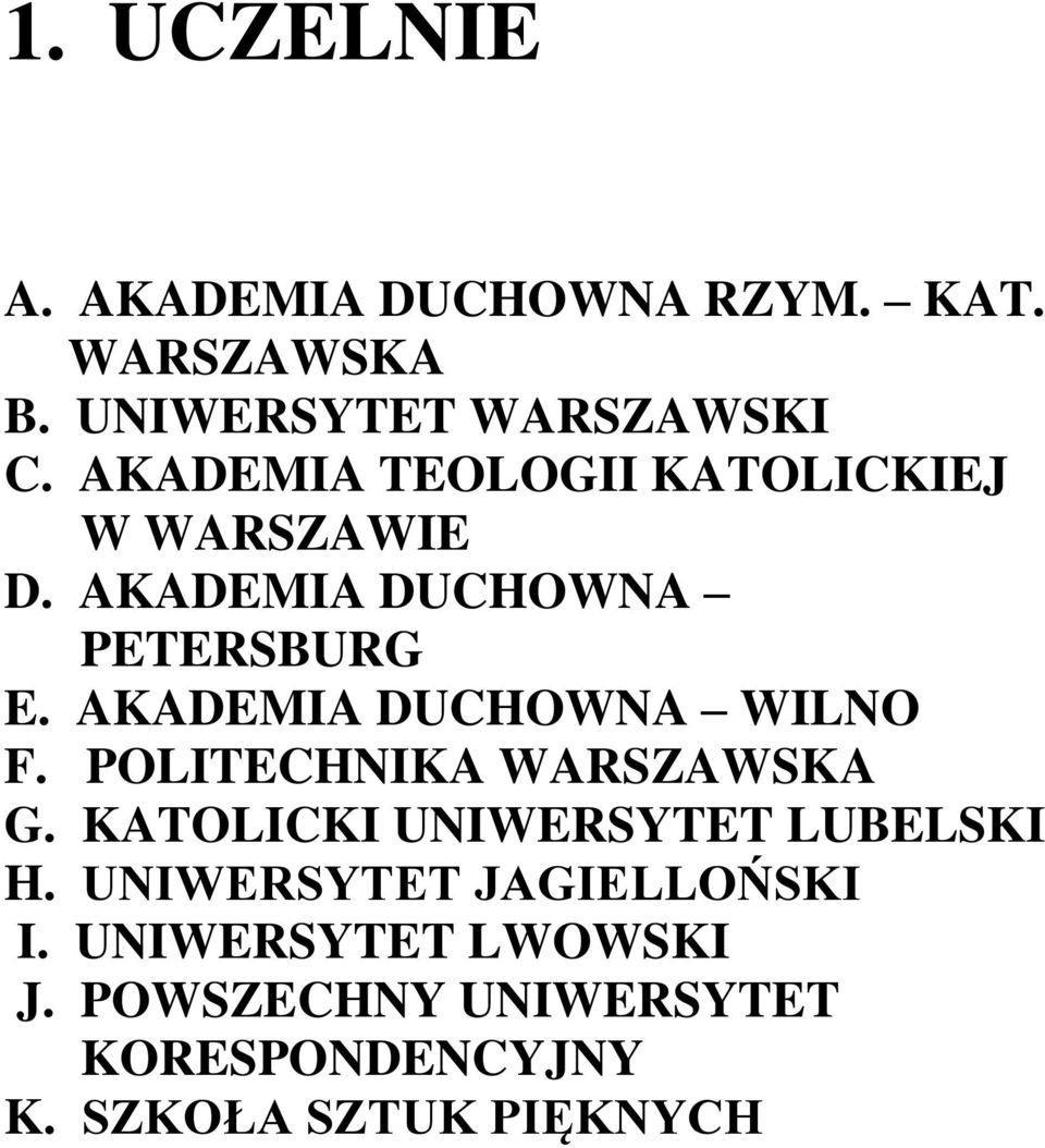AKADEMIA DUCHOWNA WILNO F. POLITECHNIKA WARSZAWSKA G. KATOLICKI UNIWERSYTET LUBELSKI H.