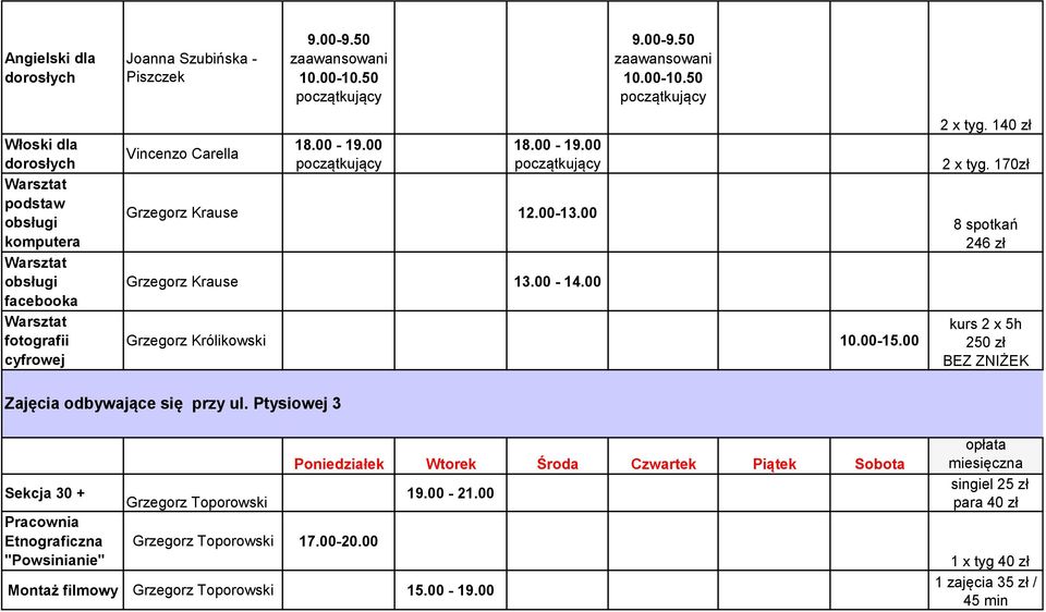 00-15.00 2 x tyg. 140 zł 2 x tyg. 170zł 8 spotkań 246 zł kurs 2 x 5h 250 zł BEZ ZNIŻEK Zajęcia odbywające się przy ul.