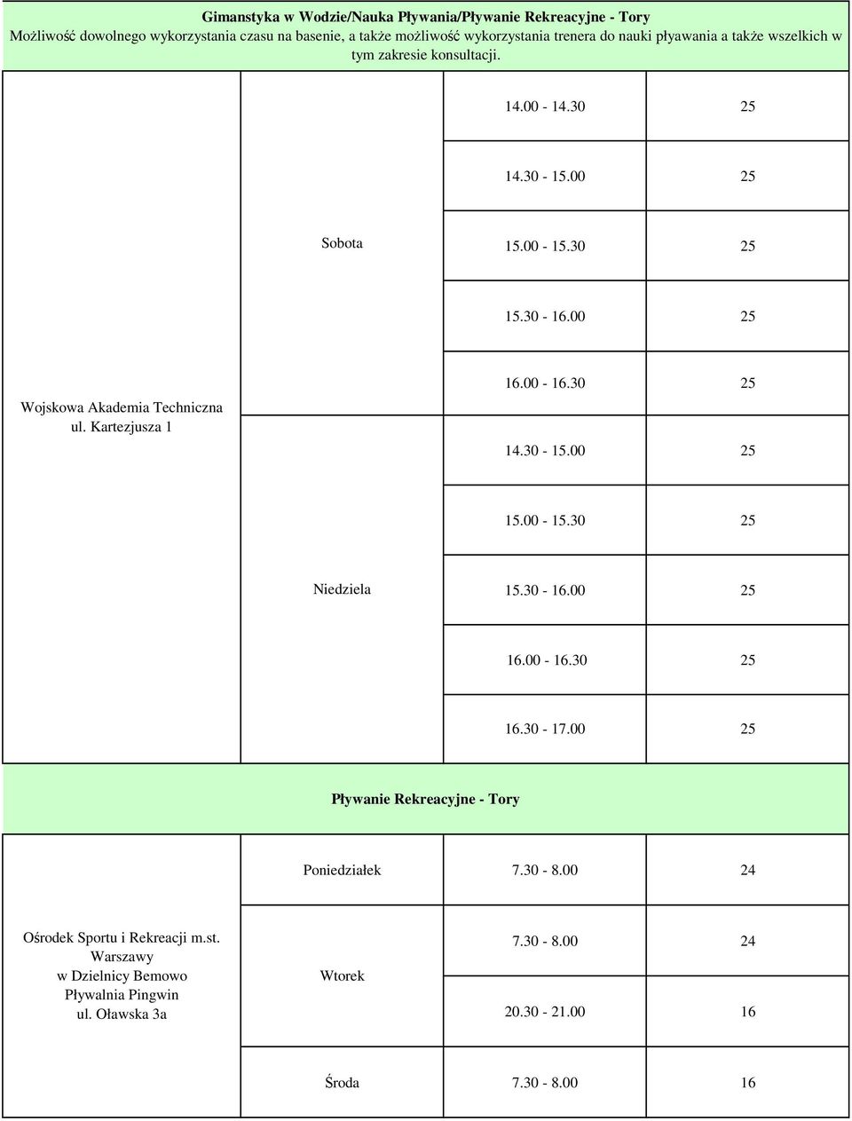 00 25 Wojskowa Akademia Techniczna ul. Kartezjusza 1 16.00-16.30 25 14.30-15.00 25 15.00-15.30 25 Niedziela 15.30-16.00 25 16.00-16.30 25 16.30-17.