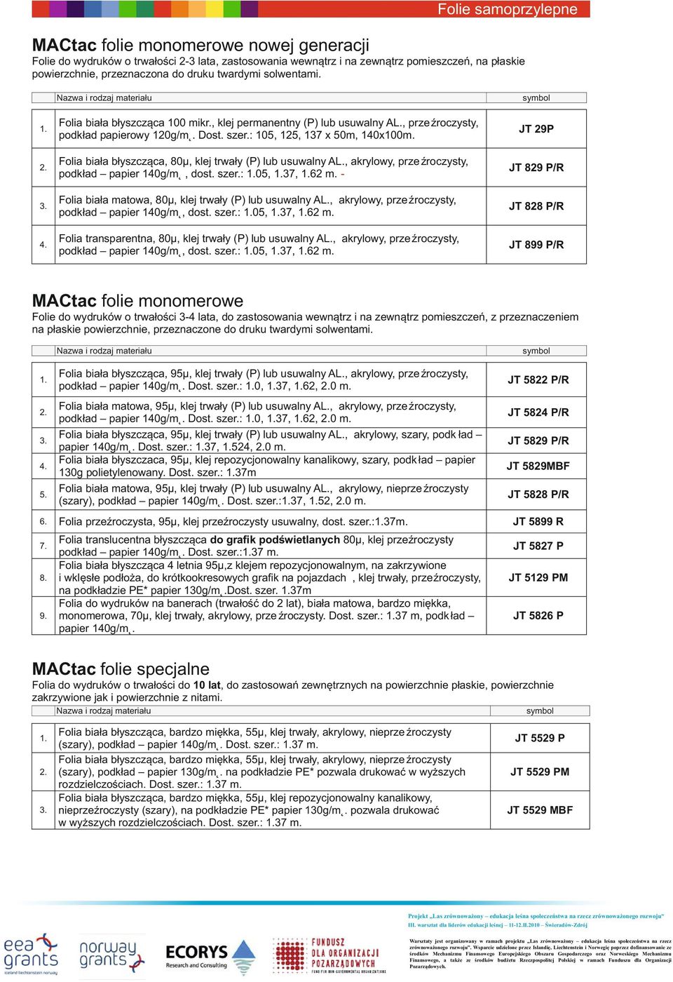 Folia biała błyszcząca, 80µ, klej trwały (P) lub usuwalny AL., akrylowy, prze źroczysty, podkład papier 140g/m, dost. szer.: 05, 37, 62 m.