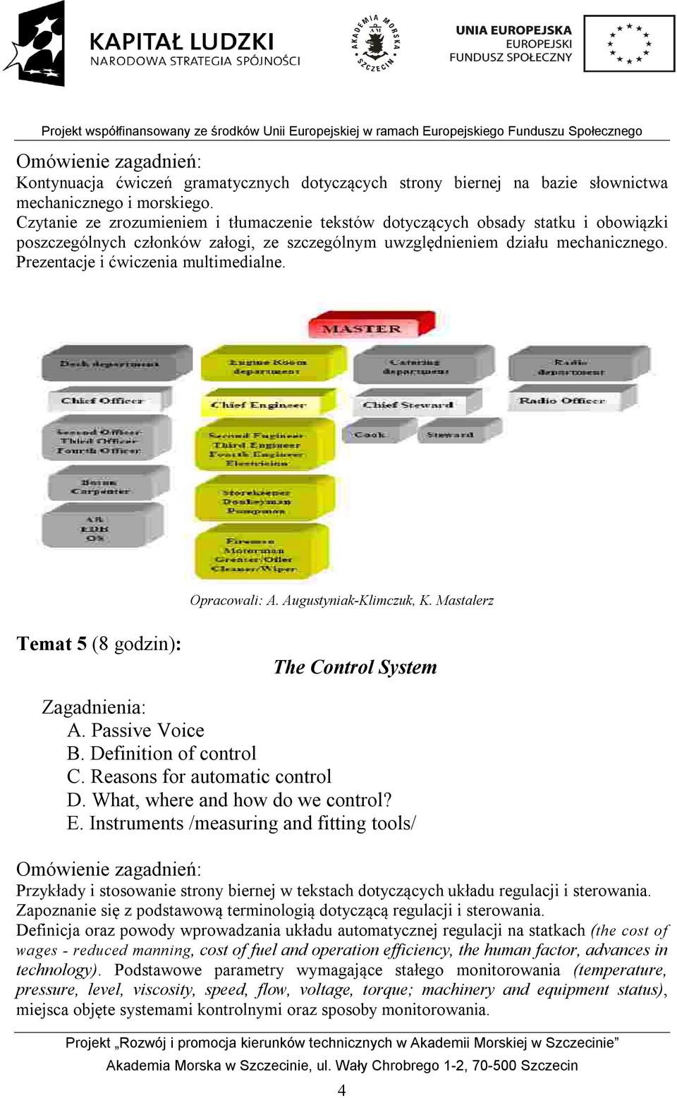 Prezentacje i ćwiczenia multimedialne. Opracowali: A. Augustyniak-Klimczuk, K. Mastalerz Temat 5 (8 godzin): The Control System A. Passive Voice B. Definition of control C.