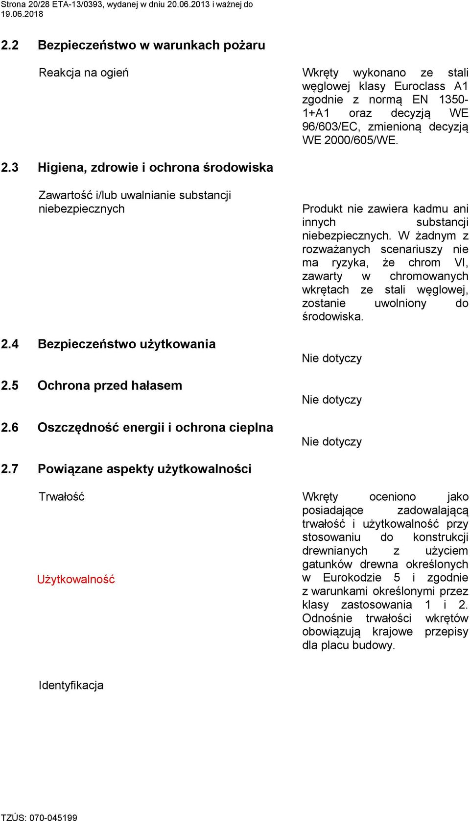 00/605/WE. 2.3 Higiena, zdrowie i ochrona środowiska Zawartość i/lub uwalnianie substancji niebezpiecznych 2.4 Bezpieczeństwo użytkowania 2.5 Ochrona przed hałasem 2.