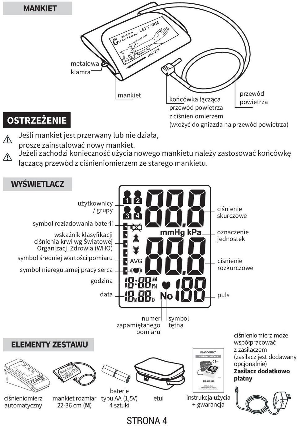 WYŚWIETLACZ mankiet końcówka łącząca przewód powietrza z ciśnieniomierzem przewód powietrza użytkownicy / grupy symbol rozładowania baterii wskaźnik klasyfikacji ciśnienia krwi wg Światowej