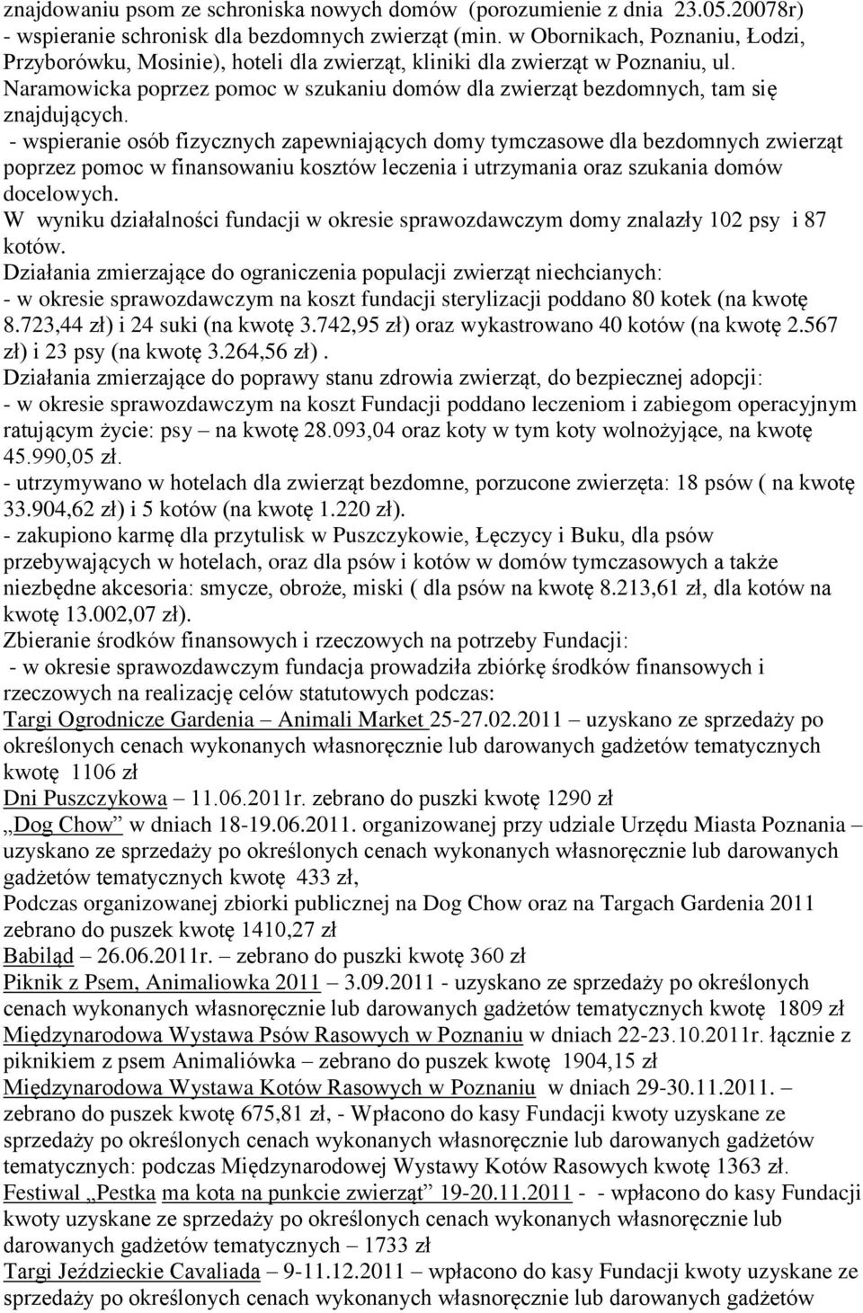 Naramowicka poprzez pomoc w szukaniu domów dla zwierząt bezdomnych, tam się znajdujących.
