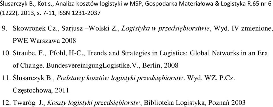BundesvereinigungLogistike.V., Berlin, 2008 11. Ślusarczyk B., Podstawy kosztów logistyki przedsiębiorstw.