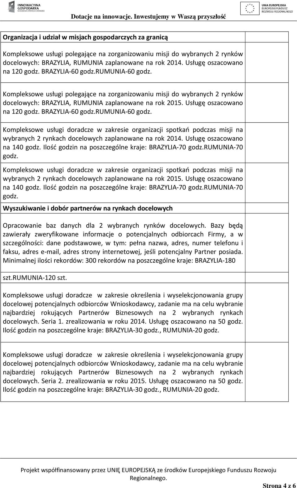 Usługę oszacowano na 120 godz. BRAZYLIA-60 godz.rumunia-60 godz. Kompleksowe usługi doradcze w zakresie organizacji spotkań podczas misji na wybranych 2 rynkach docelowych zaplanowane na rok 2014.