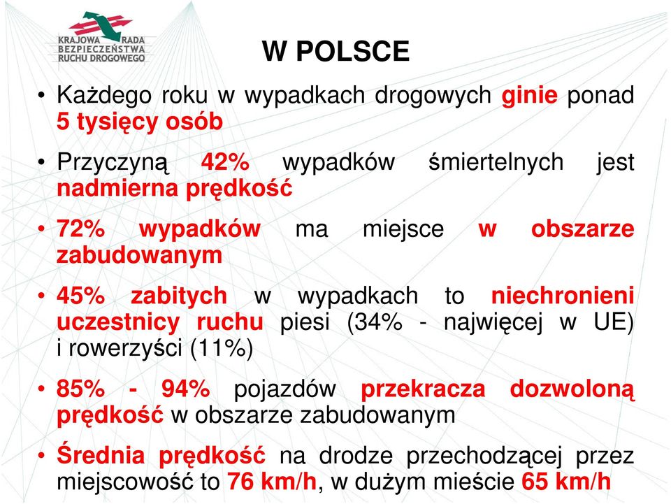 uczestnicy ruchu piesi (34% - najwięcej w UE) i rowerzyści (11%) 85% - 94% pojazdów przekracza dozwoloną