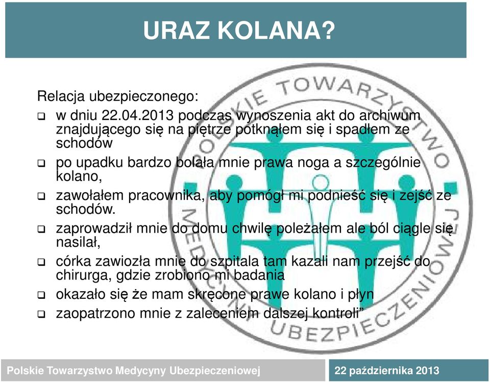 prawa noga a szczególnie kolano, zawołałem pracownika, aby pomógł mi podnieść się i zejść ze schodów.