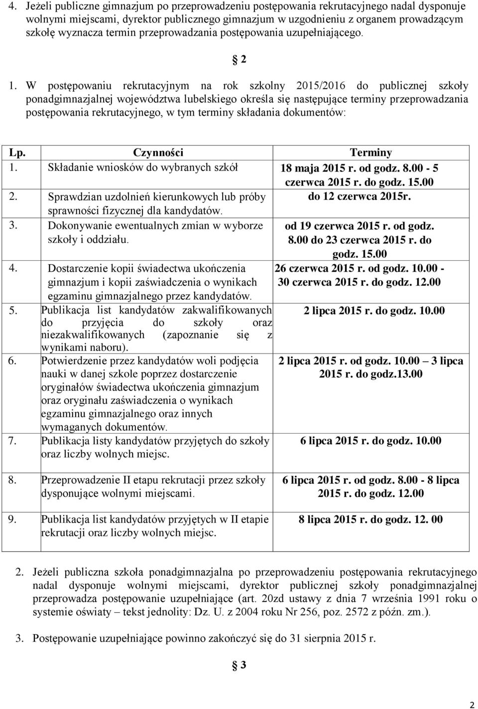 W postępowaniu rekrutacyjnym na rok szkolny 2015/2016 do publicznej szkoły ponadgimnazjalnej województwa lubelskiego określa się następujące terminy przeprowadzania postępowania rekrutacyjnego, w tym