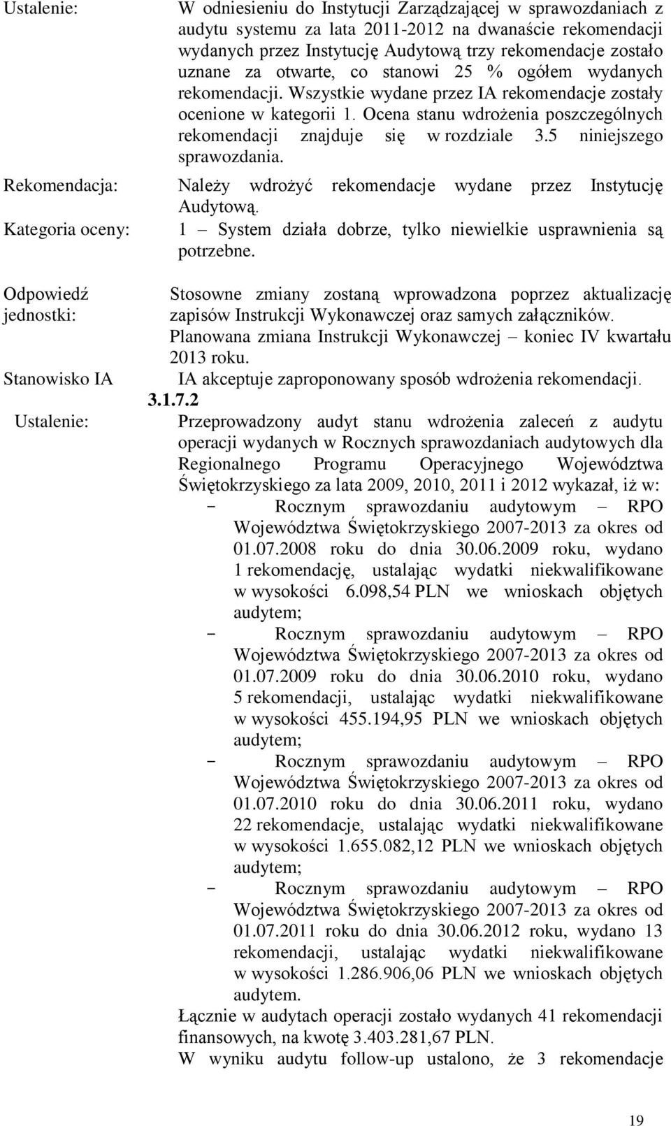 Ocena stanu wdrożenia poszczególnych rekomendacji znajduje się w rozdziale 3.5 niniejszego sprawozdania. Rekomendacja: Należy wdrożyć rekomendacje wydane przez Instytucję Audytową.