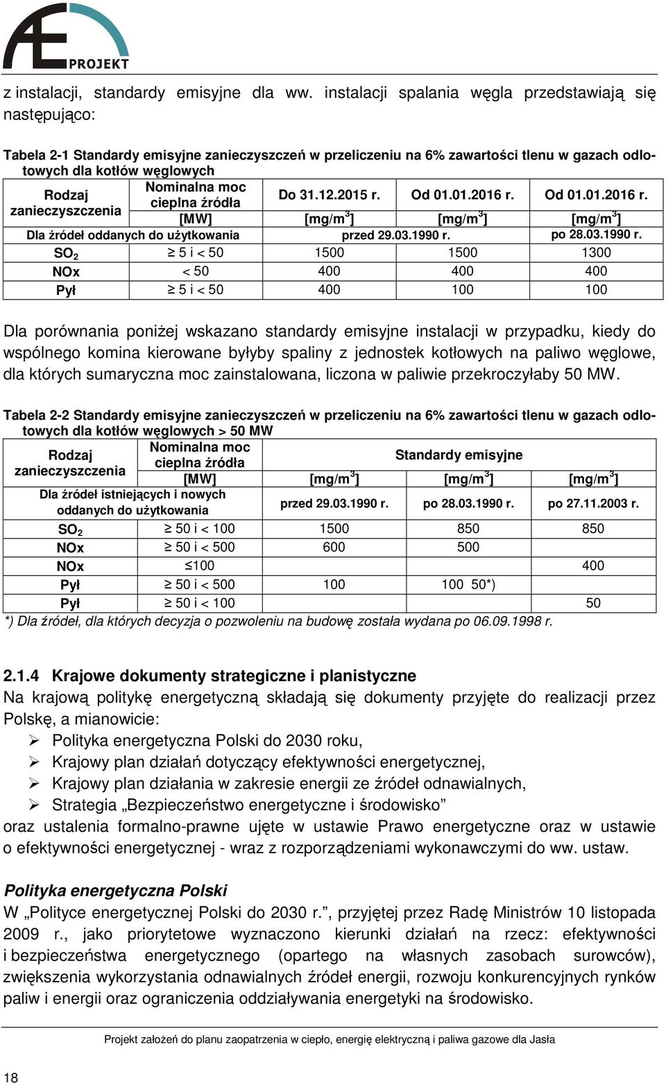 Rodzaj Do 31.12.2015 r. Od 01.01.2016 r. Od 01.01.2016 r. cieplna źródła zanieczyszczenia [MW] [mg/m 3 ] [mg/m 3 ] [mg/m 3 ] Dla źródeł oddanych do uŝytkowania przed 29.03.1990 r.