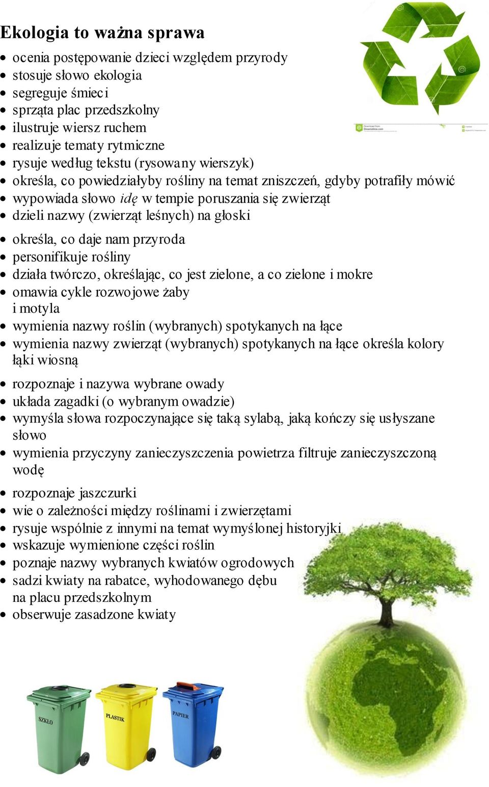 głoski określa, co daje nam przyroda personifikuje rośliny działa twórczo, określając, co jest zielone, a co zielone i mokre omawia cykle rozwojowe żaby i motyla wymienia nazwy roślin (wybranych)