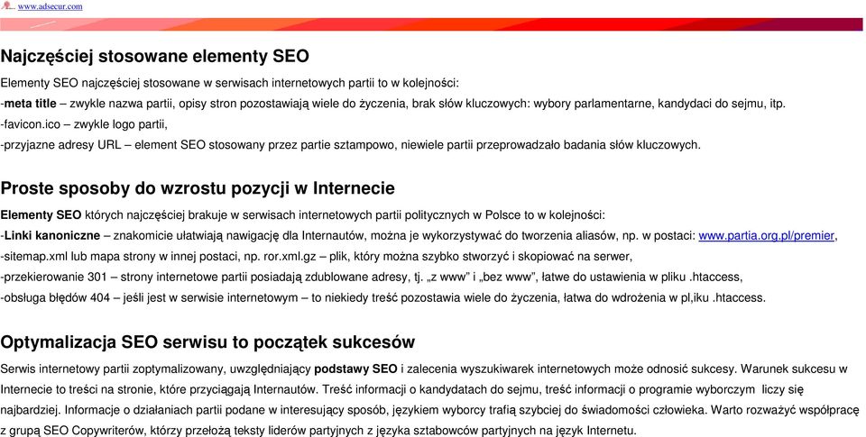 ico zwykle logo partii, -przyjazne adresy URL element SEO stosowany przez partie sztampowo, niewiele partii przeprowadzało badania słów kluczowych.