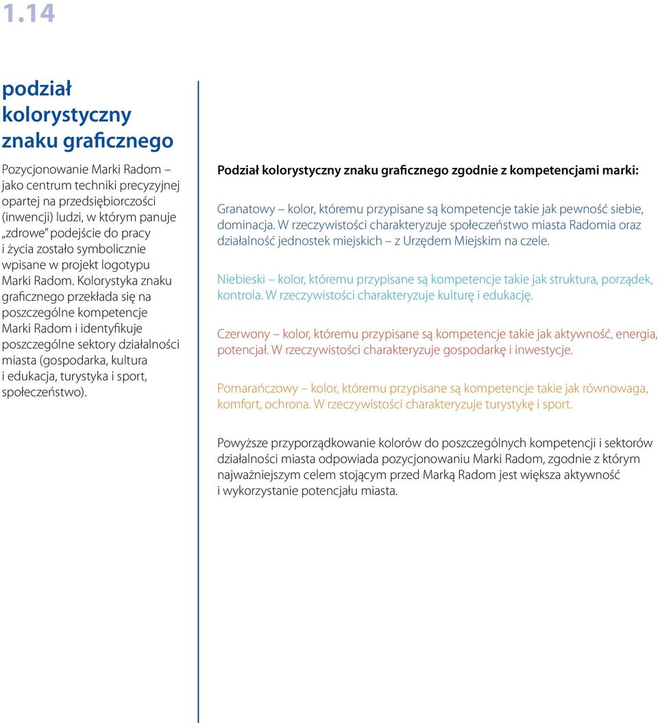 Kolorystyka znaku graficznego przekłada się na poszczególne kompetencje Marki Radom i identyfikuje poszczególne sektory działalności miasta (gospodarka, kultura i edukacja, turystyka i sport,