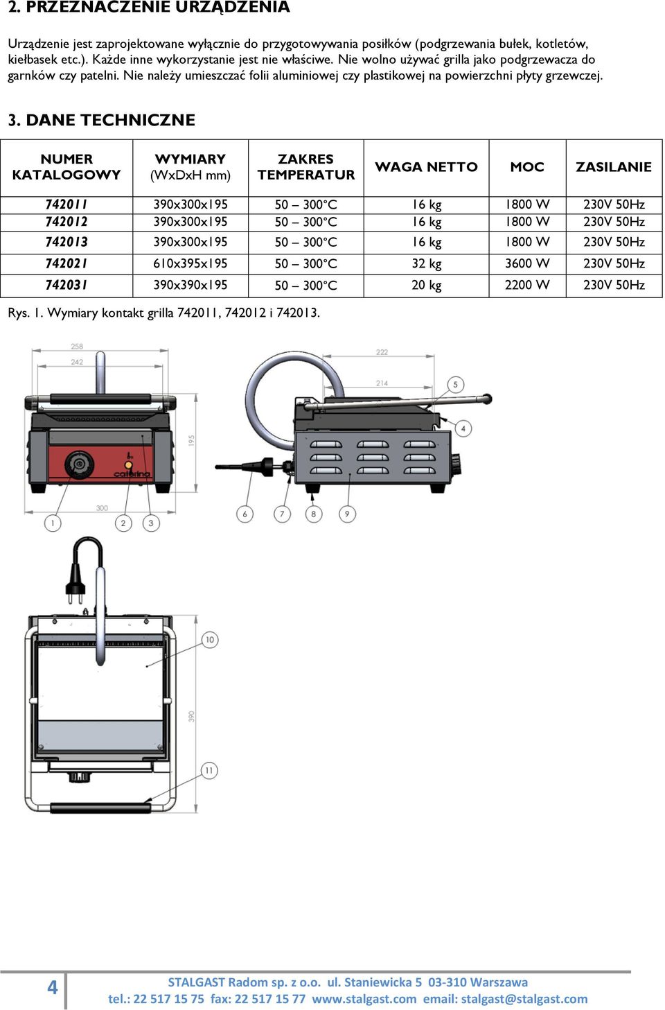 DANE TECHNICZNE NUMER KATALOGOWY WYMIARY (WxDxH mm) ZAKRES TEMPERATUR WAGA NETTO MOC ZASILANIE 742011 390x300x195 50 300 C 16 kg 1800 W 230V 50Hz 742012 390x300x195 50 300 C 16 kg 1800 W