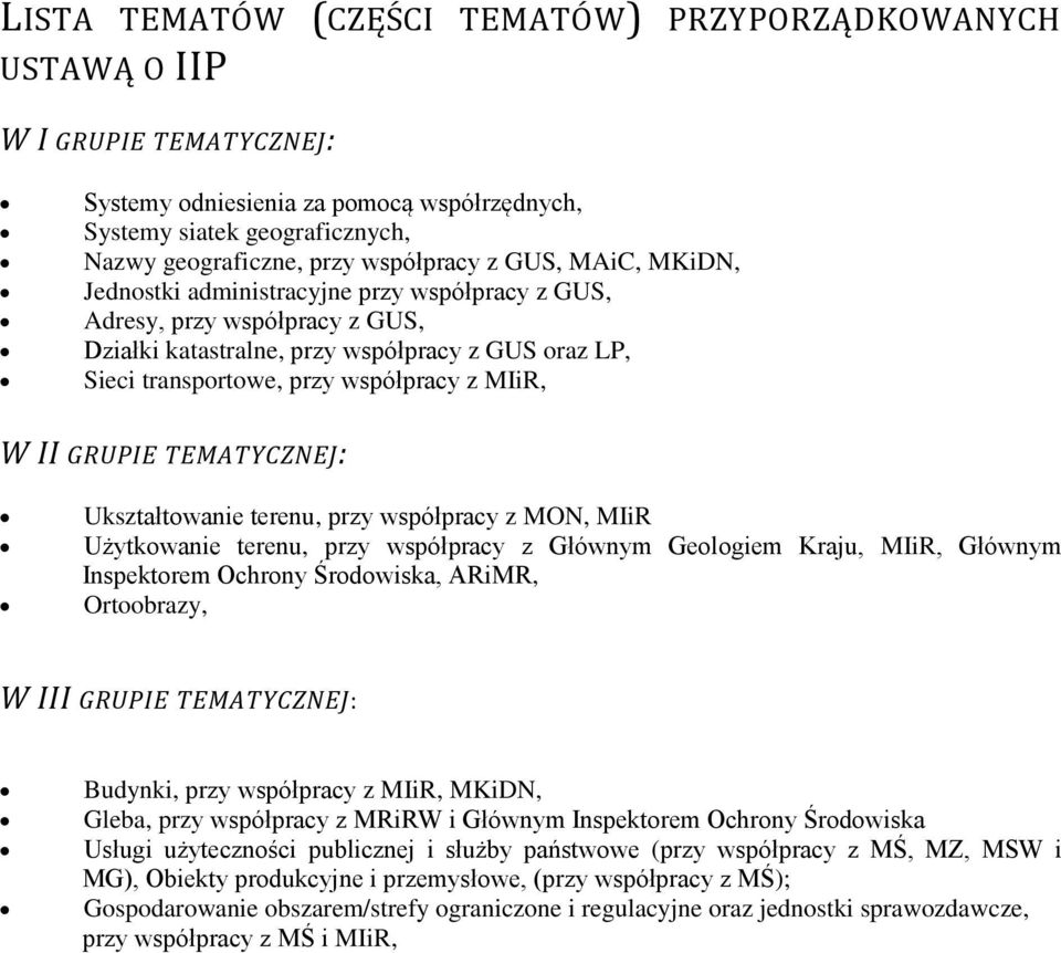 II GRUPIE TEMATYCZNEJ: Ukształtowanie terenu, przy współpracy z MON, MIiR Użytkowanie terenu, przy współpracy z Głównym Geologiem Kraju, MIiR, Głównym Inspektorem Ochrony Środowiska, ARiMR,