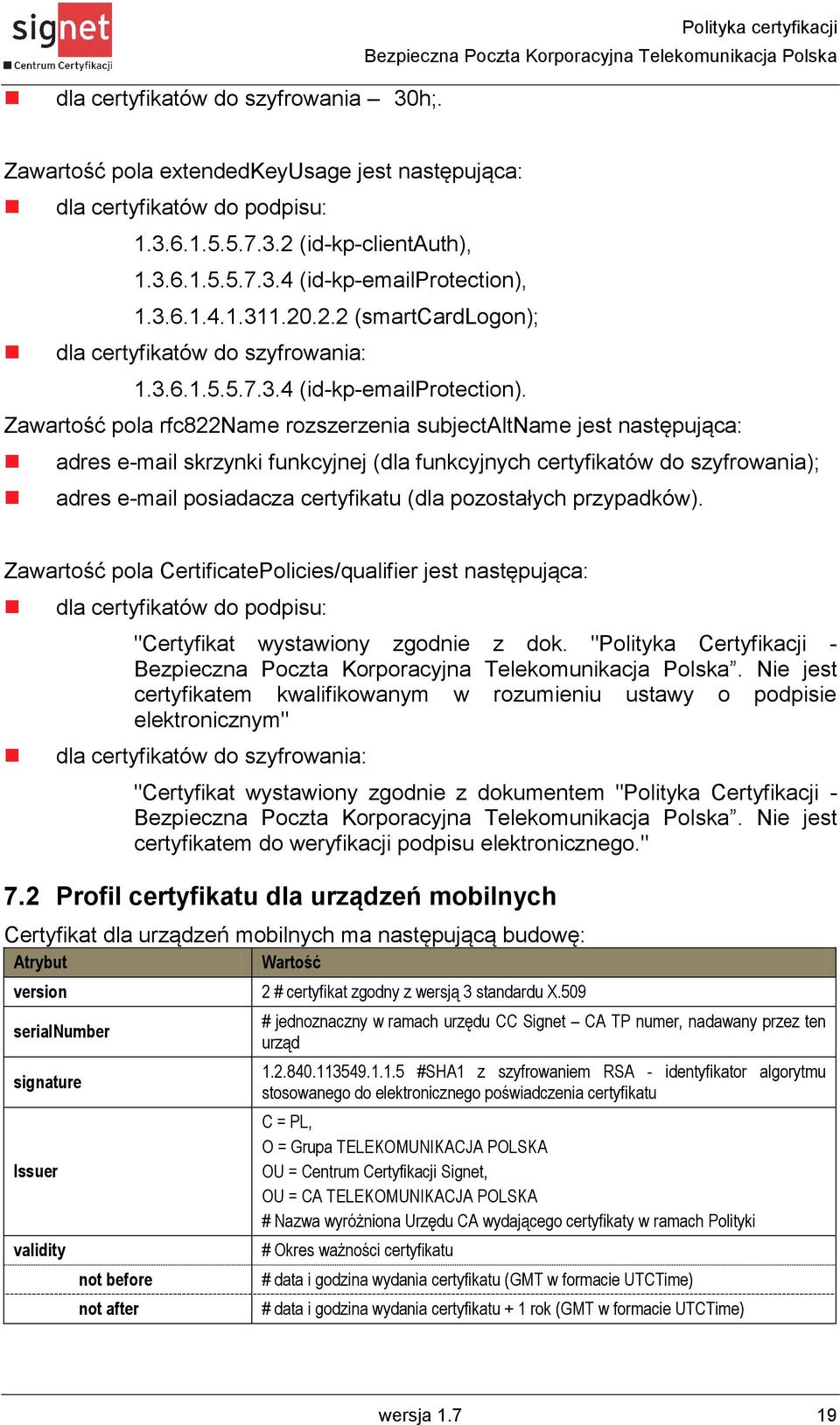 Zawartość pola rfc822name rozszerzenia subjectaltname jest następująca: adres e-mail skrzynki funkcyjnej (dla funkcyjnych certyfikatów do szyfrowania); adres e-mail posiadacza certyfikatu (dla