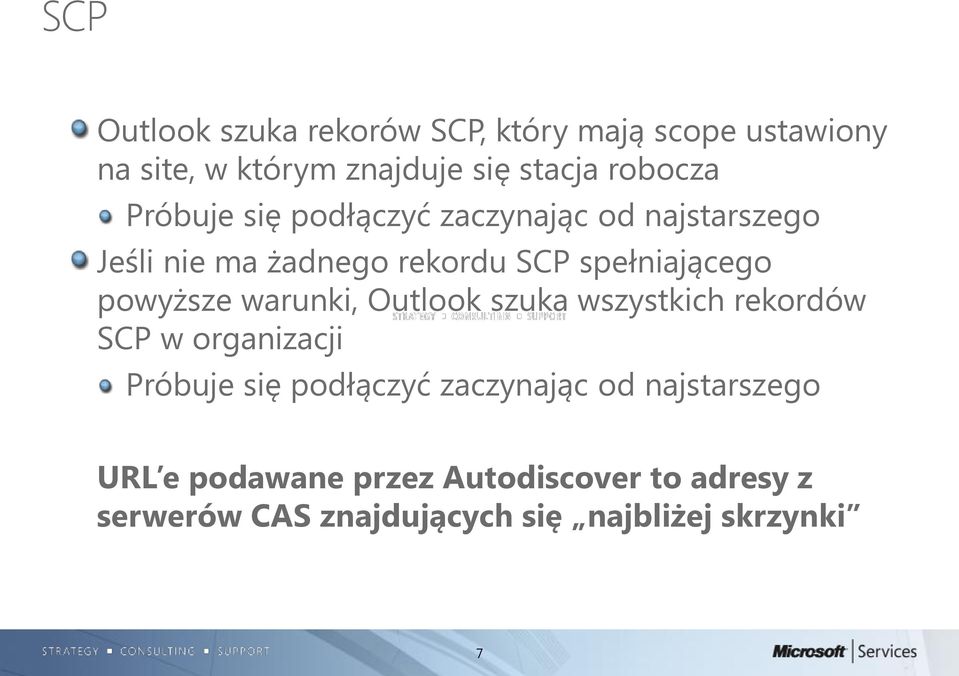 powyższe warunki, Outlook szuka wszystkich rekordów SCP w organizacji Próbuje się podłączyć zaczynając