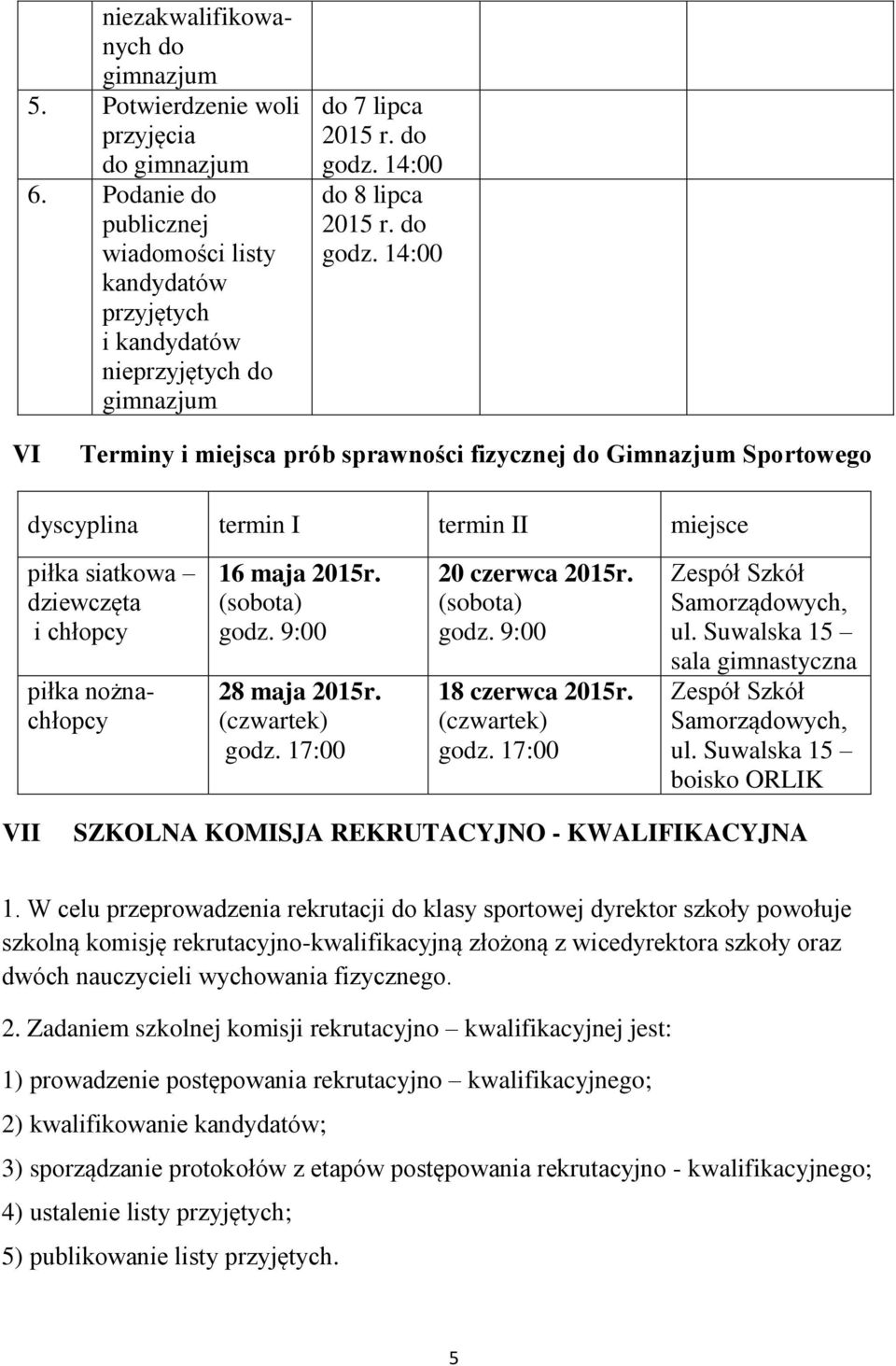 dyscyplina termin I termin II miejsce piłka siatkowa dziewczęta i chłopcy piłka nożnachłopcy 16 maja 2015r. (sobota) godz. 9:00 28 maja 2015r. (czwartek) 20 czerwca 2015r. (sobota) godz. 9:00 18 czerwca 2015r.