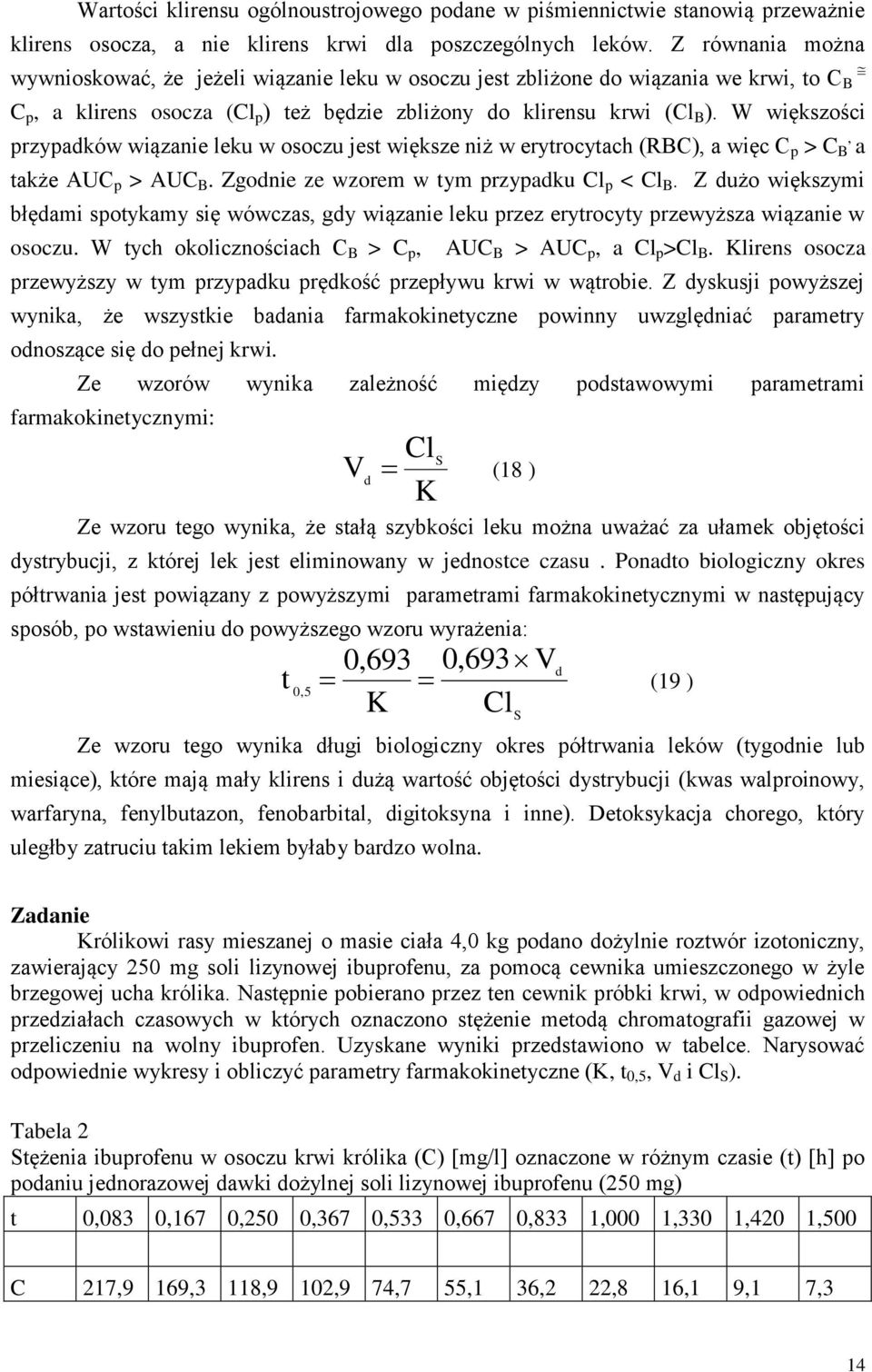 W większości przypadków wiązanie leku w osoczu jest większe niż w erytrocytach (RB), a więc p > B, a także AU p > AU B. Zgodnie ze wzorem w tym przypadku l p < l B.