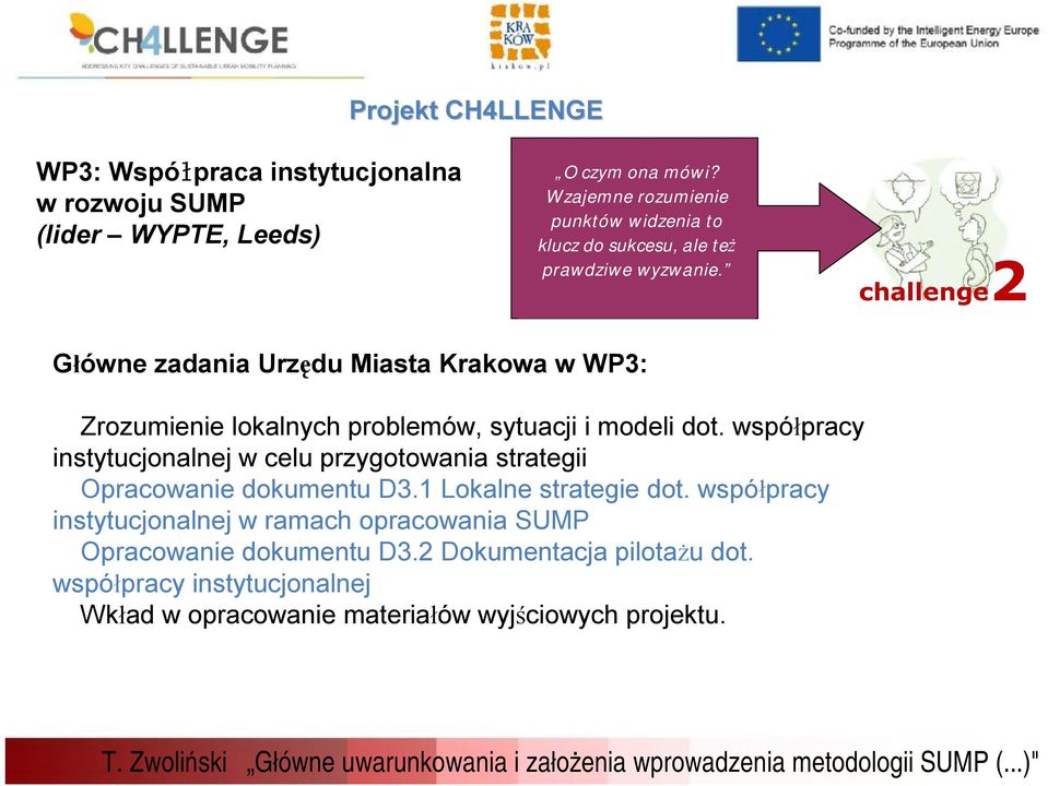Główne zadania Urzędu Miasta Krakowa w WP3: Zrozumienie lokalnych problemów, sytuacji i modeli dot.