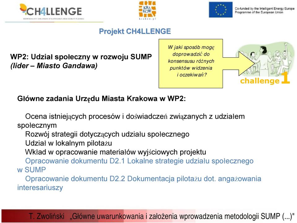 Główne zadania Urzędu Miasta Krakowa w WP2: Ocena istniejących procesów i doświadczeń związanych z udziałem społecznym Rozwój strategii