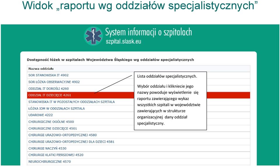 Wybór oddziału i klikniecie jego nazwy powoduje wyświetlenie się