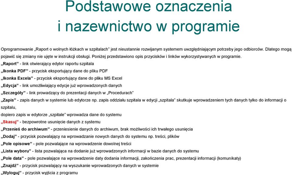 Raport - link otwierający edytor raportu szpitala Ikonka PDF - przycisk eksportujący dane do pliku PDF Ikonka Excela - przycisk eksportujący dane do pliku MS Excel Edycja - link umożliwiający edycje