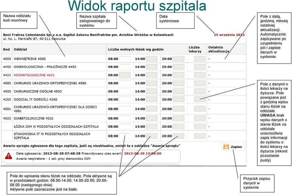 Pole powiązane jest z godziną wpisu stanu łóżek na oddziale.