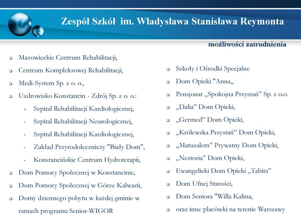 Kardiologicznej, Królewska Przystań Dom Opieki, Zakład Przyrodoleczniczy "Biały Dom", Matuzalem Prywatny Dom Opieki, Konstancińskie Centrum Hydroterapii, Nestoria Dom Opieki, Dom Pomocy Społecznej w
