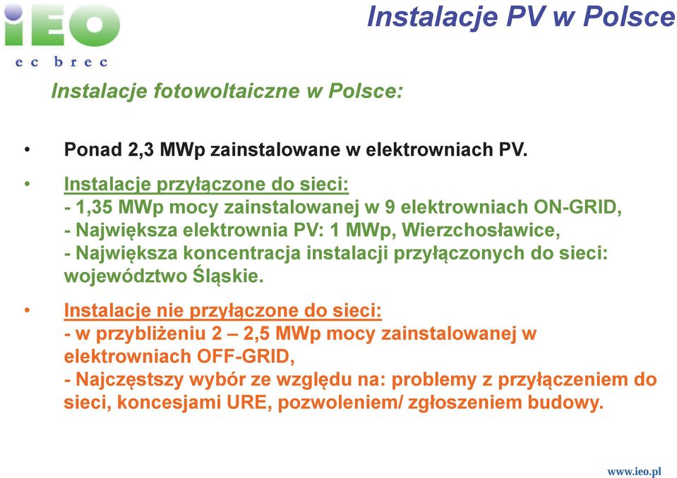 Wierzchosławice, - Najwiksza koncentracja instalacji przyłczonych do sieci: województwo lskie.