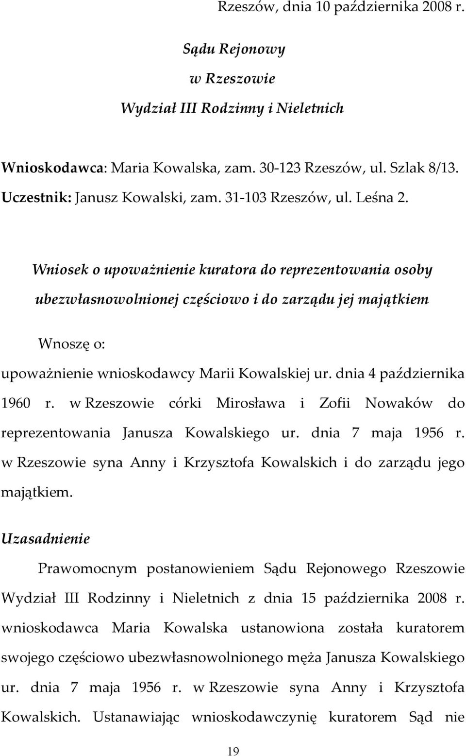 dnia 4 października 1960 r. w Rzeszowie córki Mirosława i Zofii Nowaków do reprezentowania Janusza Kowalskiego ur. dnia 7 maja 1956 r.